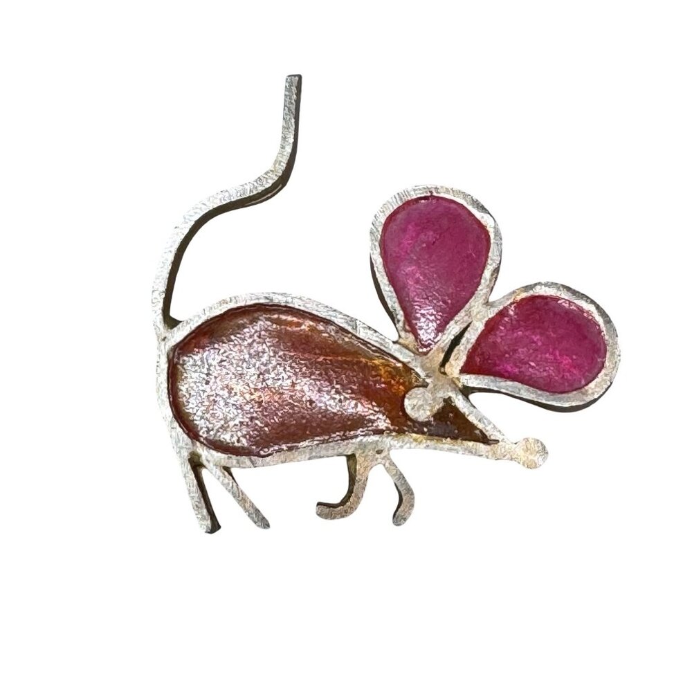 Vintage Signed Plique A Jour Signed JOY Mouse Pin Brooch Stained Glass Resin 2"